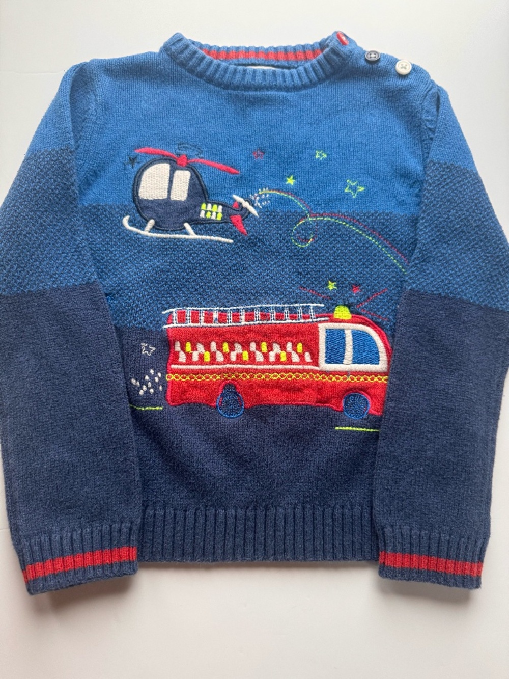 Ministry of Rascals Boys Fire Truck Helicopter Knit Sweater Blue Red 3T